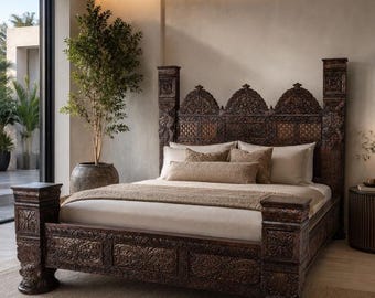 King Size Hand-Carved Neem Wood Bed, Triple Arch Jhulla Headboard