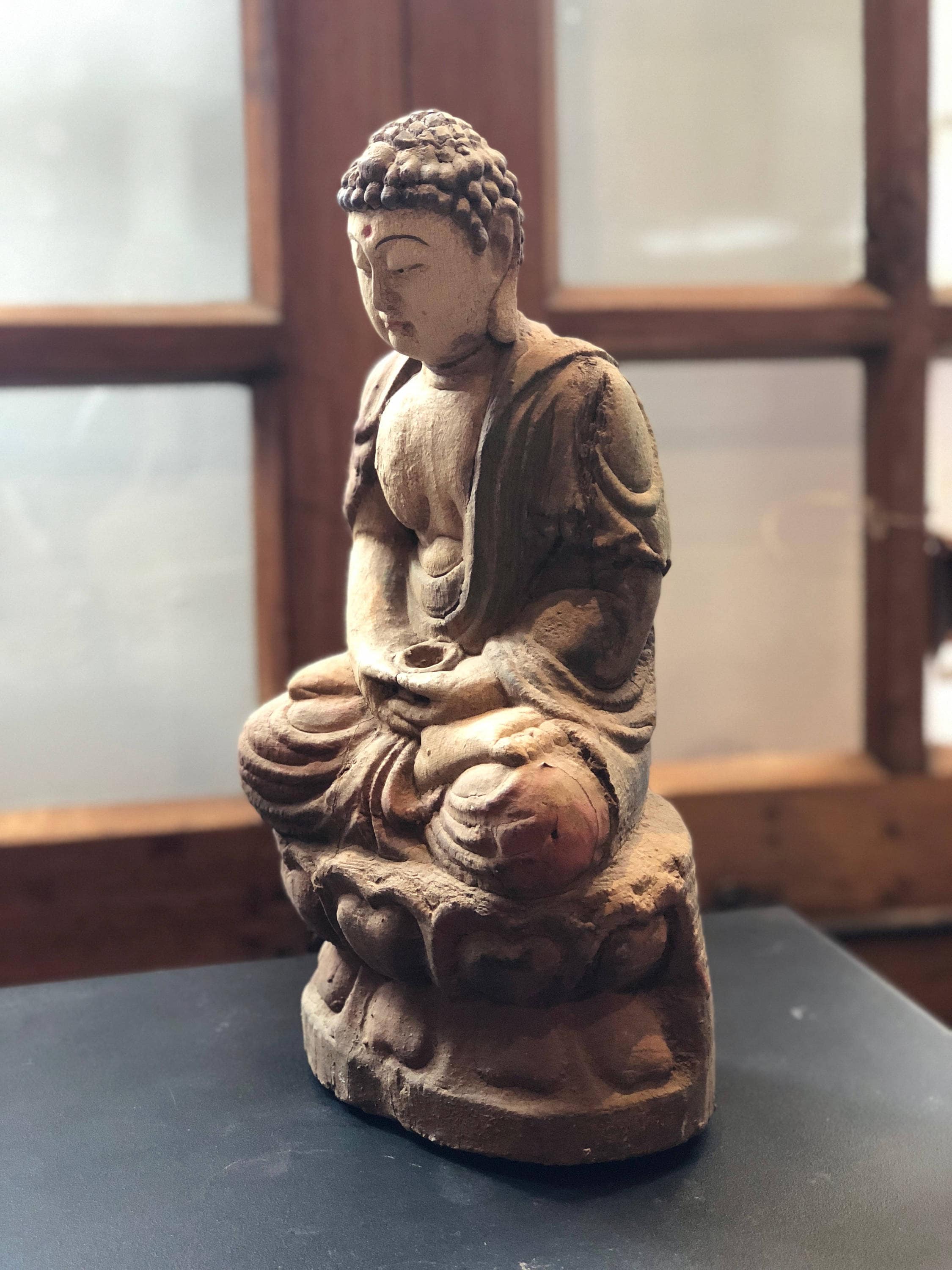 Vintage Carved Wood Sitting Buddha Statue,