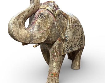 Vintage Decorative Wood Hand Crafted painted Elephant, decor lucky elephant
