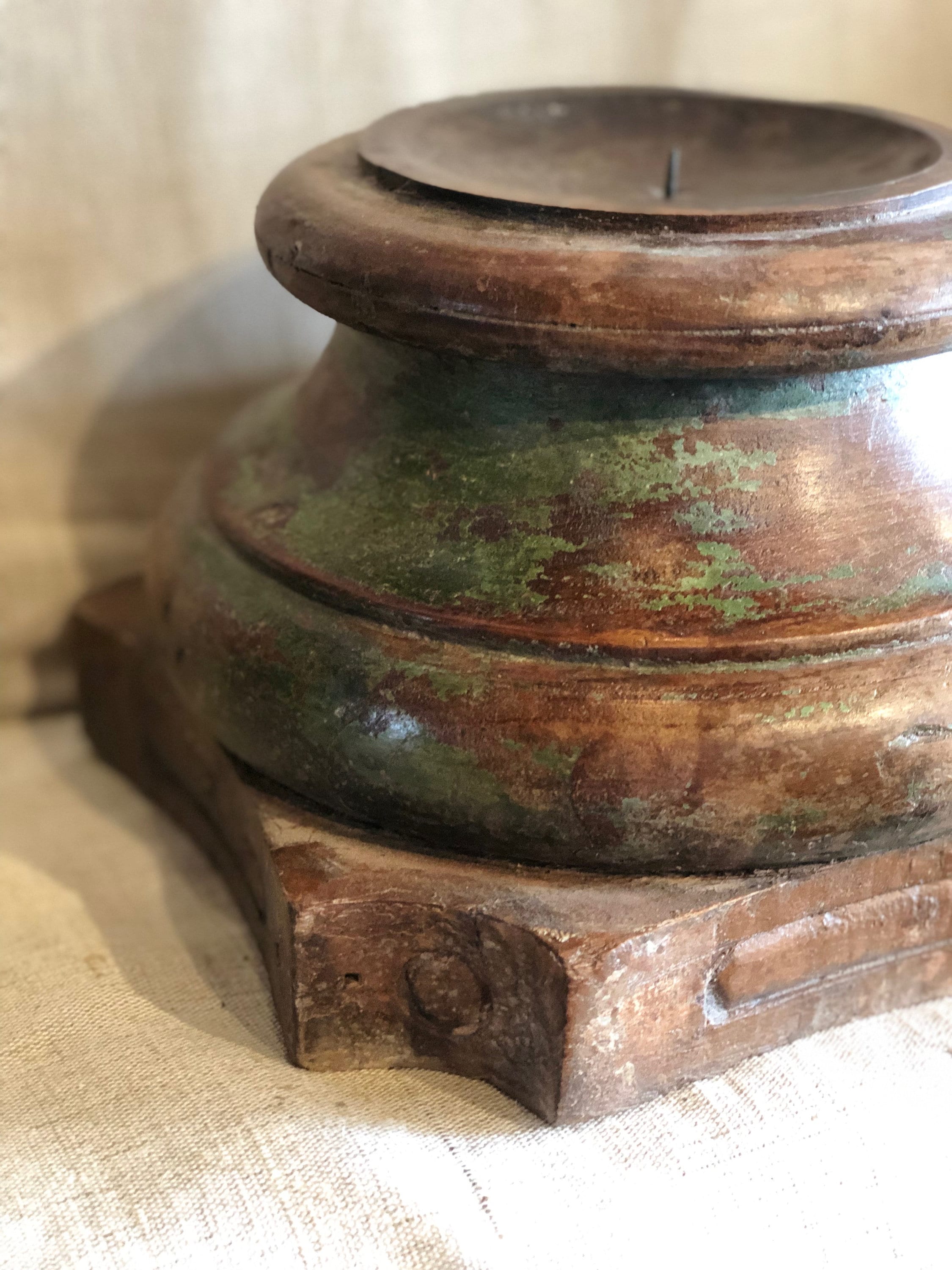 Indian old wood pillar candle holder