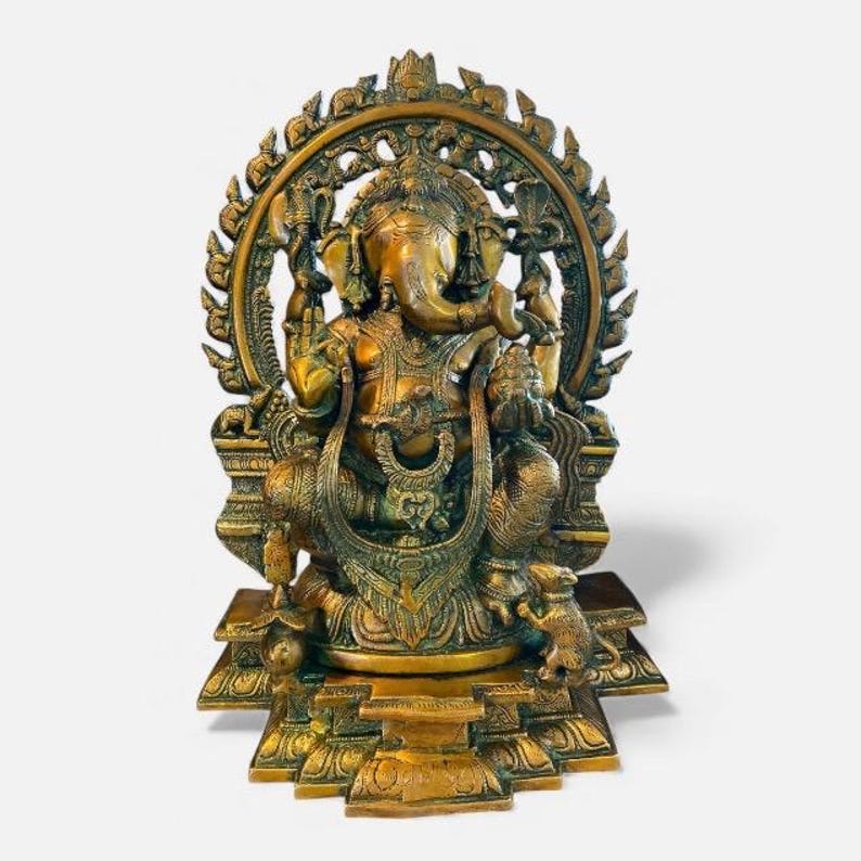 Vintage Brass Ganesh Statue: Hindu Deity on Lotus image 1
