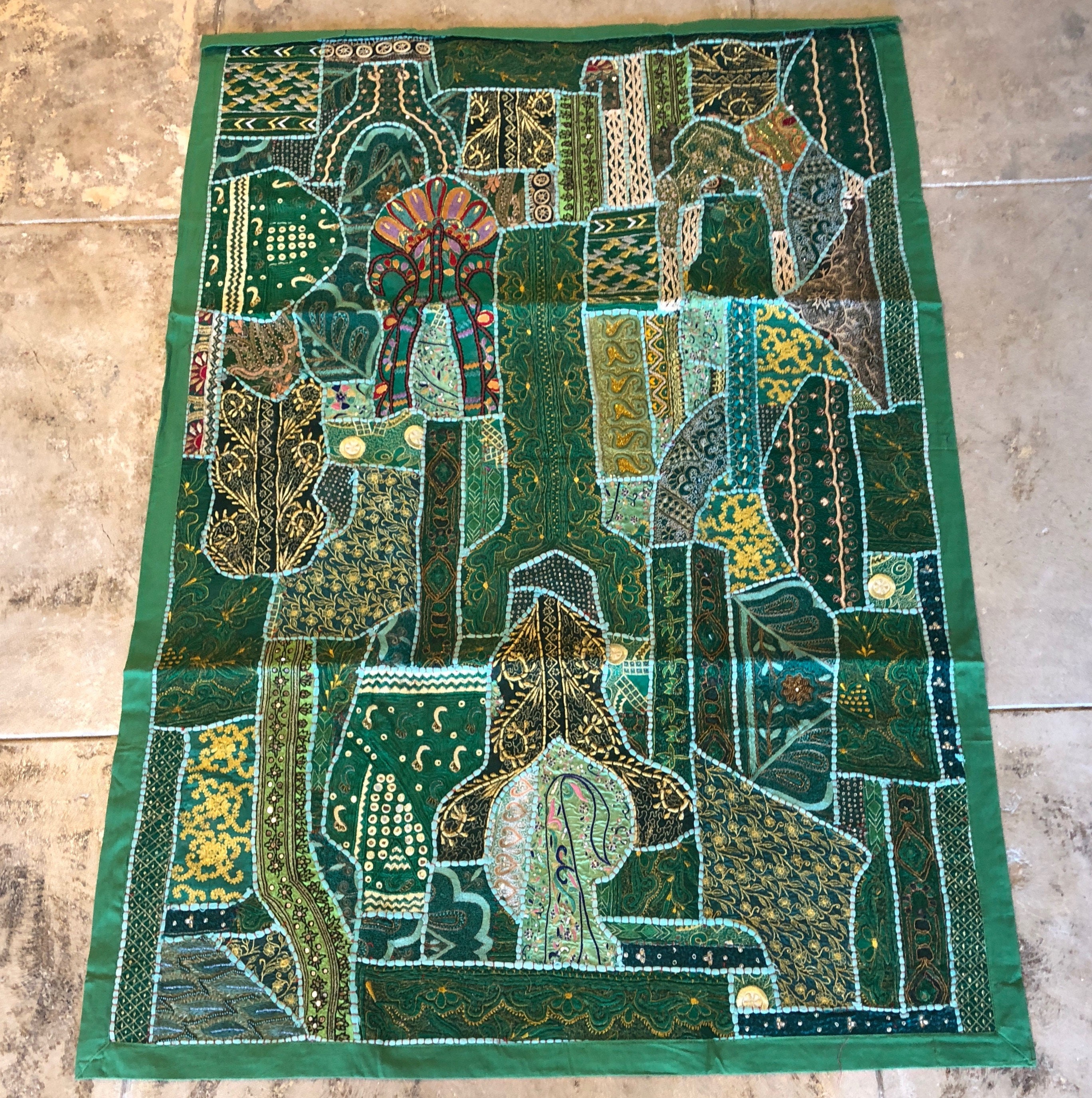 Green Bohemian patchwork tapestries, Multi color, Wall Hanging, Table