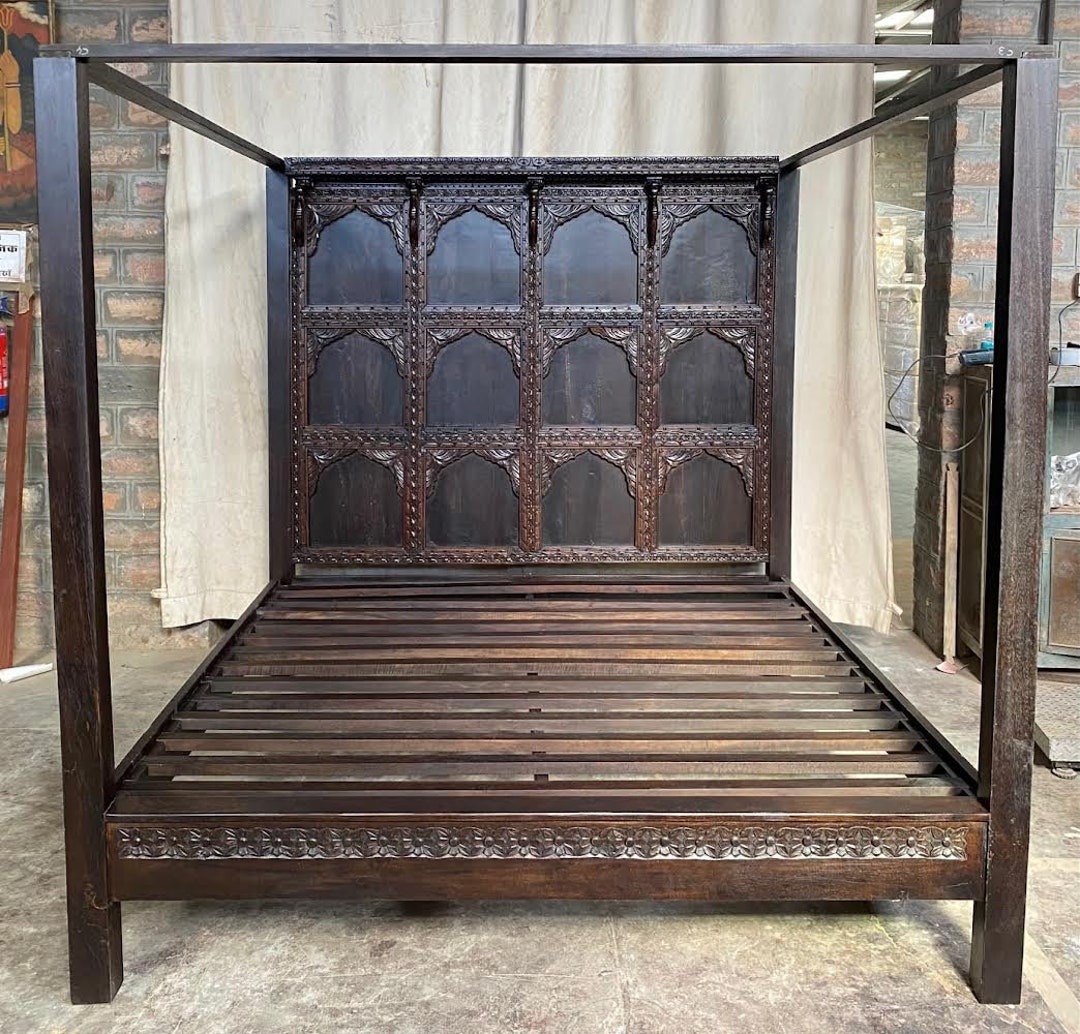 Canopy Hand Carved Bed Whit 12 Arch Headboard, Wooden Bed, Multi Arch