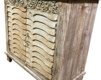 Rustic Reclaimed Wood Nightstand: White Wash Carved Cabinet