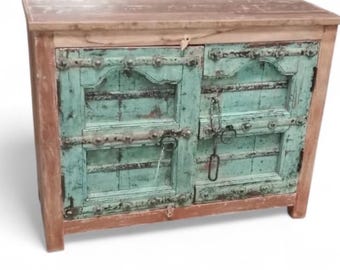 Reclaimed Wood Cabinet, Rustic Turquoise Accent, Indian Side Table