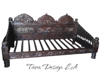 Hand-Carved Indian Neem Wood Daybed: Bohemian Triple Arch Sofa