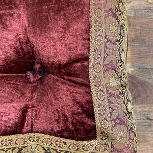 Burgundy Velvet Sari fabric floor sitting cushion, Floor cushion, Tufted floor cushion, large floor cushion image 3