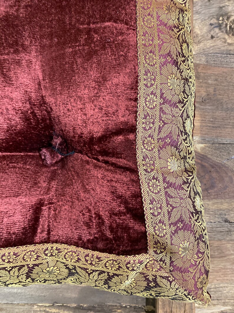 Burgundy Velvet Sari fabric floor sitting cushion, Floor cushion, Tufted floor cushion, large floor cushion image 3