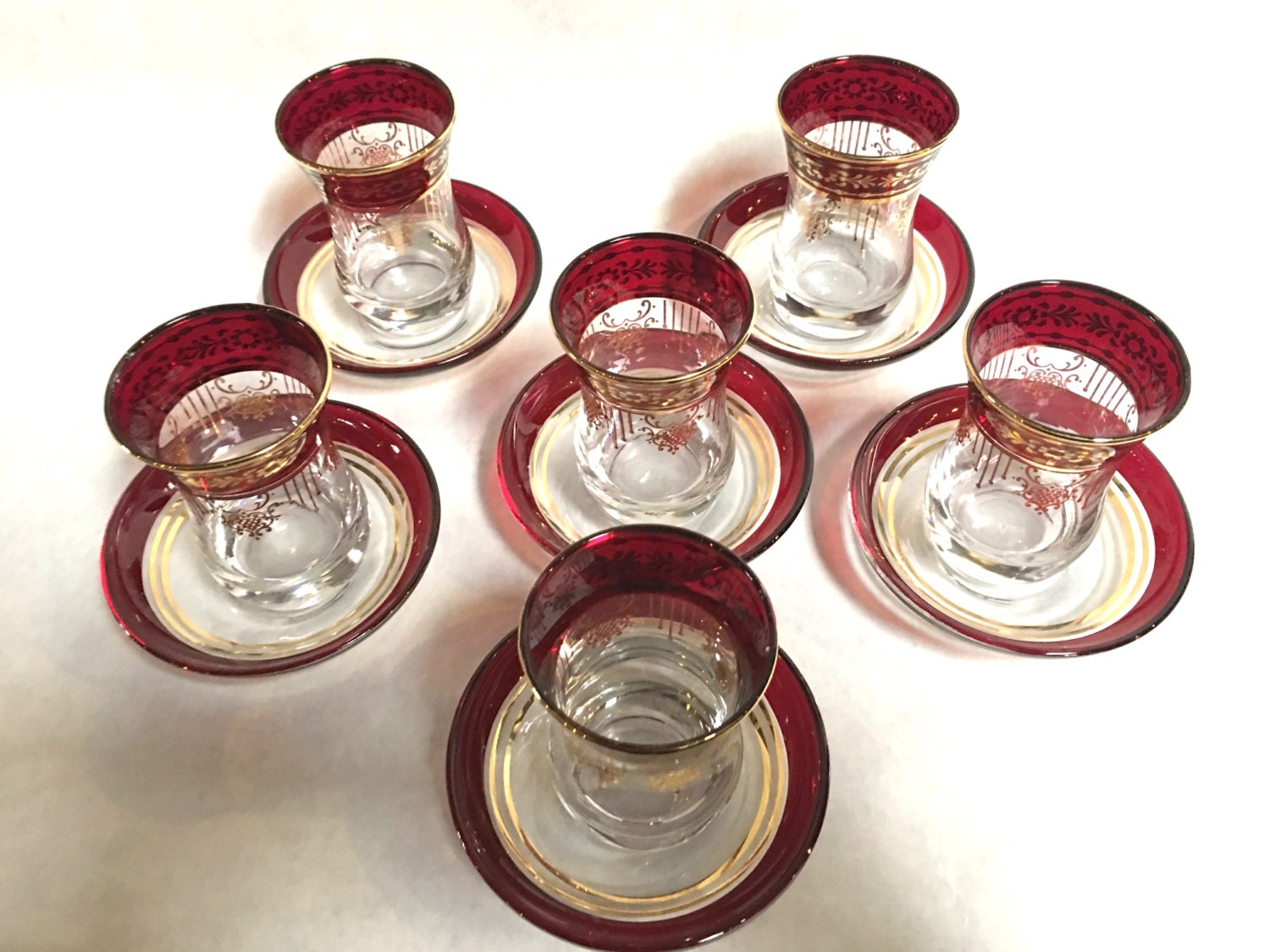 Burgandy and Gold trimTea glass, Turkish tea set, Turkish Cups