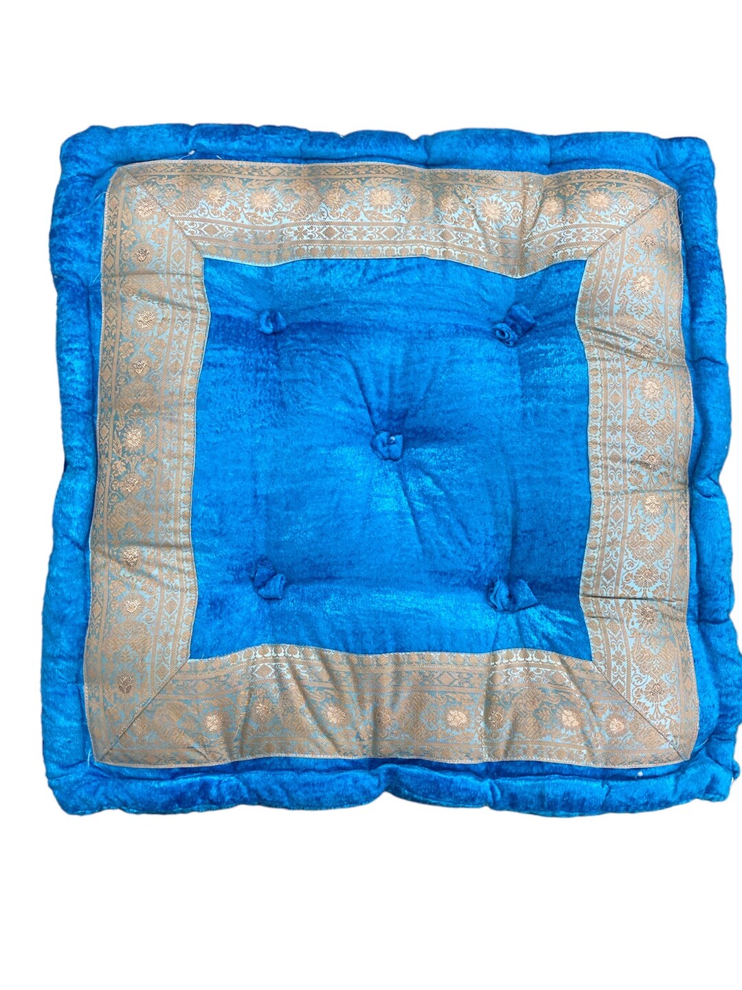 Turquoise Velvet Fabric Floor Sitting Cushion, Floor Cushion, Tufted