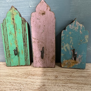 Wooden Wall Hook Rack, set of 3 hooks, Architectural Salvage Wood Coat Rack Entryway, Indian Decor Rustic Wall Hook, Bohemian Decoration
