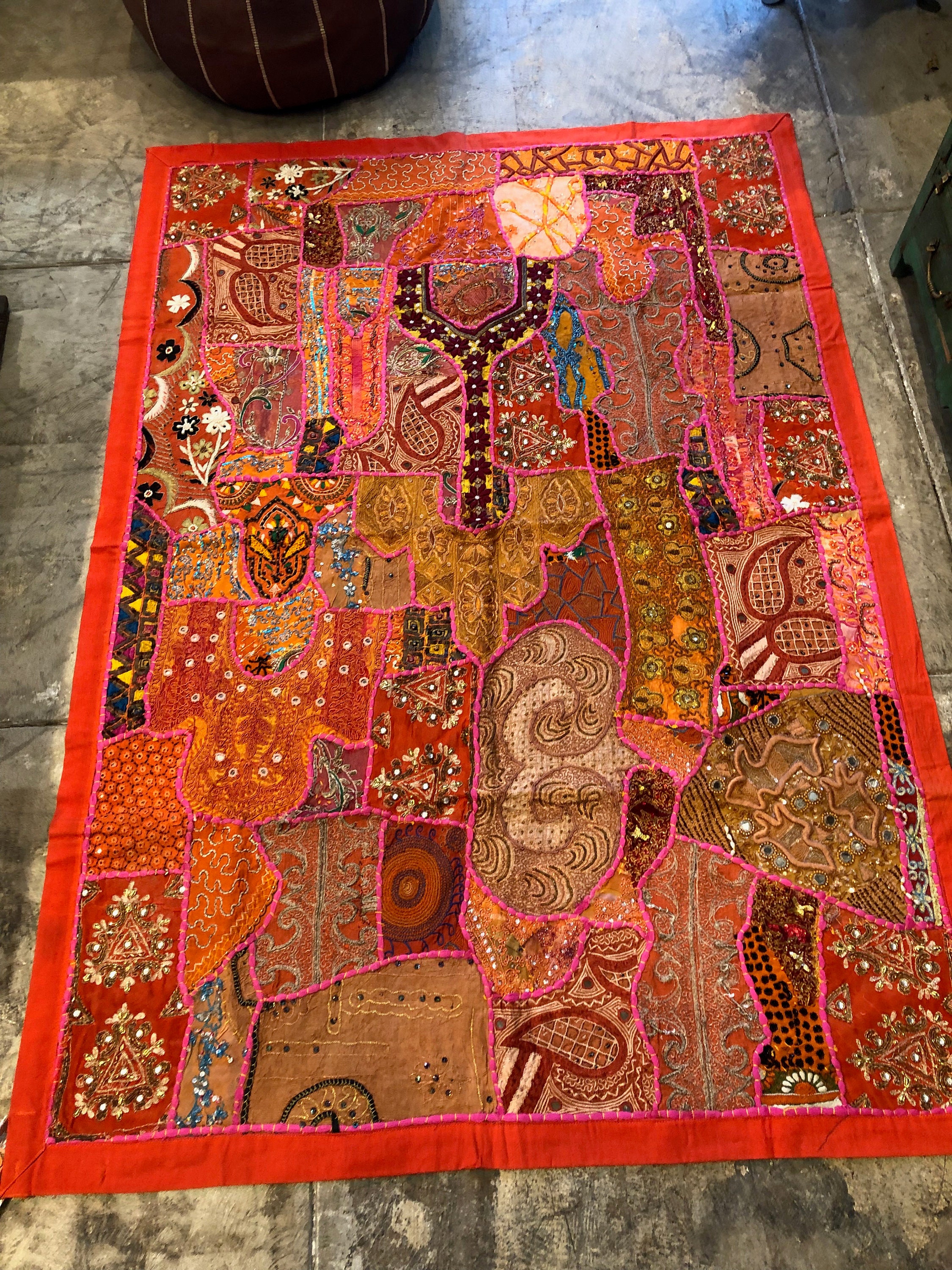 Orange Bohemian patchwork tapestries, Multi color, Wall Hanging, Table