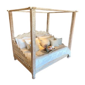 Hand Carved Neem Wood Full Size Canopy Bed: Mandala Design