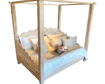 Hand Carved Neem Wood Full Size Canopy Bed: Mandala Design