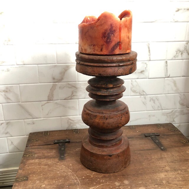 Large Vintage Indian hand carved wood candle holder, Candle holder