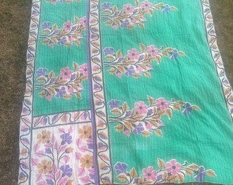 Vintage Kantha Quilt: Handmade Indian Cotton Throw Blanket