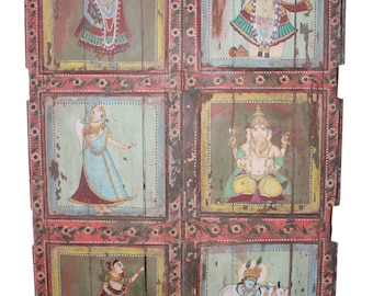 Vintage indian hand painted  door Panel, indian decor, Recycled Wood, antique door, wall art, wall decor, Hindu god