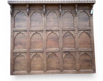 Hand Carved Indian Neem Wood Headboard, King Size Arch Detail
