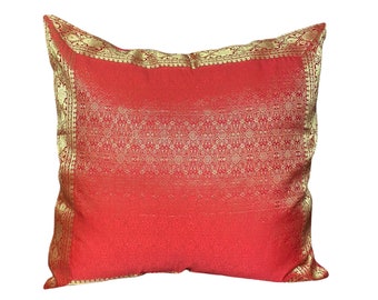 Red Sari Pillow Cover: Indian Repurposed Fabric, 24”x24”