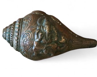 Vintage Brass Ganesh Carved Conch Shell: Hindu Art Decor