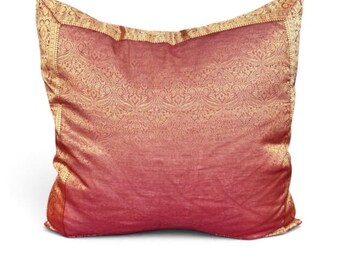 Red Sari Pillow Cover: Indian Repurposed Fabric,  Size 20 x 20”