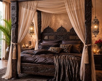 Queen Size canopy bed, Hand-Carved Neem Wood Bed, Triple Arch Jhulla Headboard
