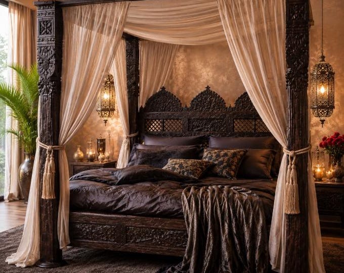 Featured listing image: Queen Size canopy bed, Hand-Carved Neem Wood Bed, Triple Arch Jhulla Headboard