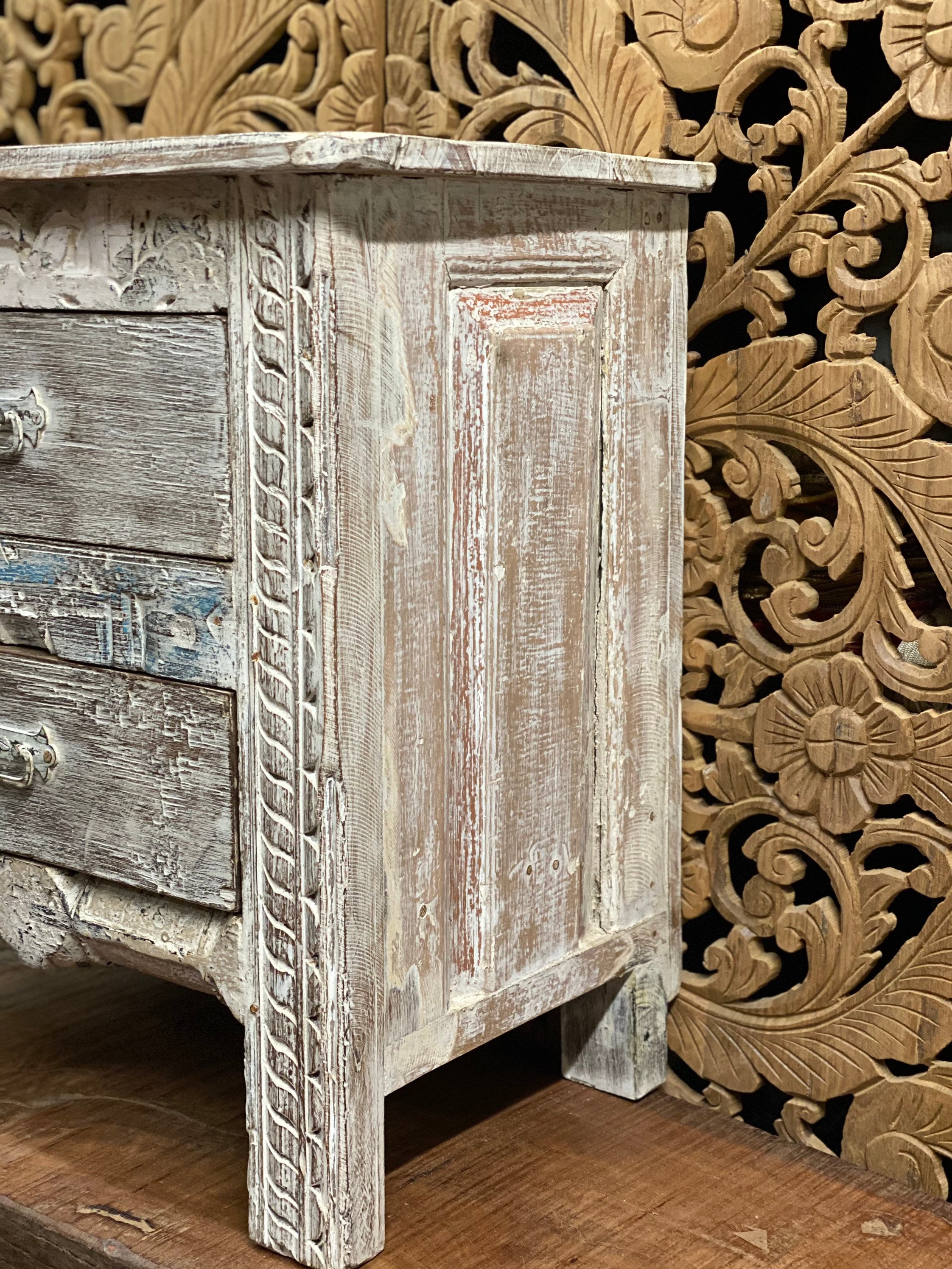 White wash Nightstand, Indian sow, Rustic Distressed vintage,