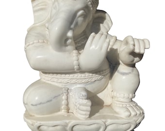 Hand Carved Marble Ganesha Sculpture: Hindu God on Lotus