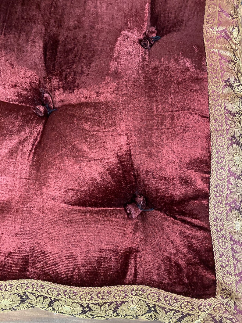 Burgundy Velvet Sari fabric floor sitting cushion, Floor cushion, Tufted floor cushion, large floor cushion image 4