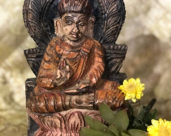 Hand Carved and painted Wooden Buddha statue on Lotus, buddha, yoga, lotus, meditation, wooden buddha, Hindu Deity