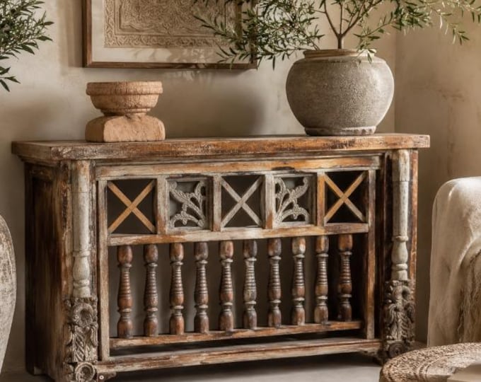 Featured listing image: Vintage Jali Console Table: Reclaimed Wood Bohemian Entryway Decor (50.5”L)