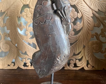 Vintage Hand-Carved Wooden Horse Sculpture on Iron Stand