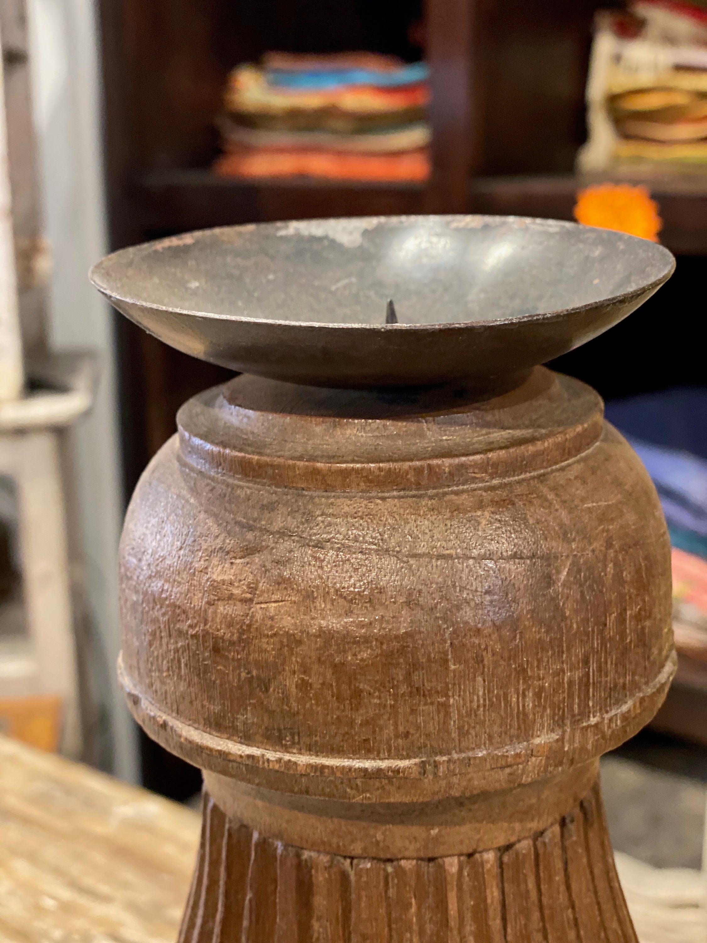 Large Vintage Indian hand carved wood candle holder, Candle holder