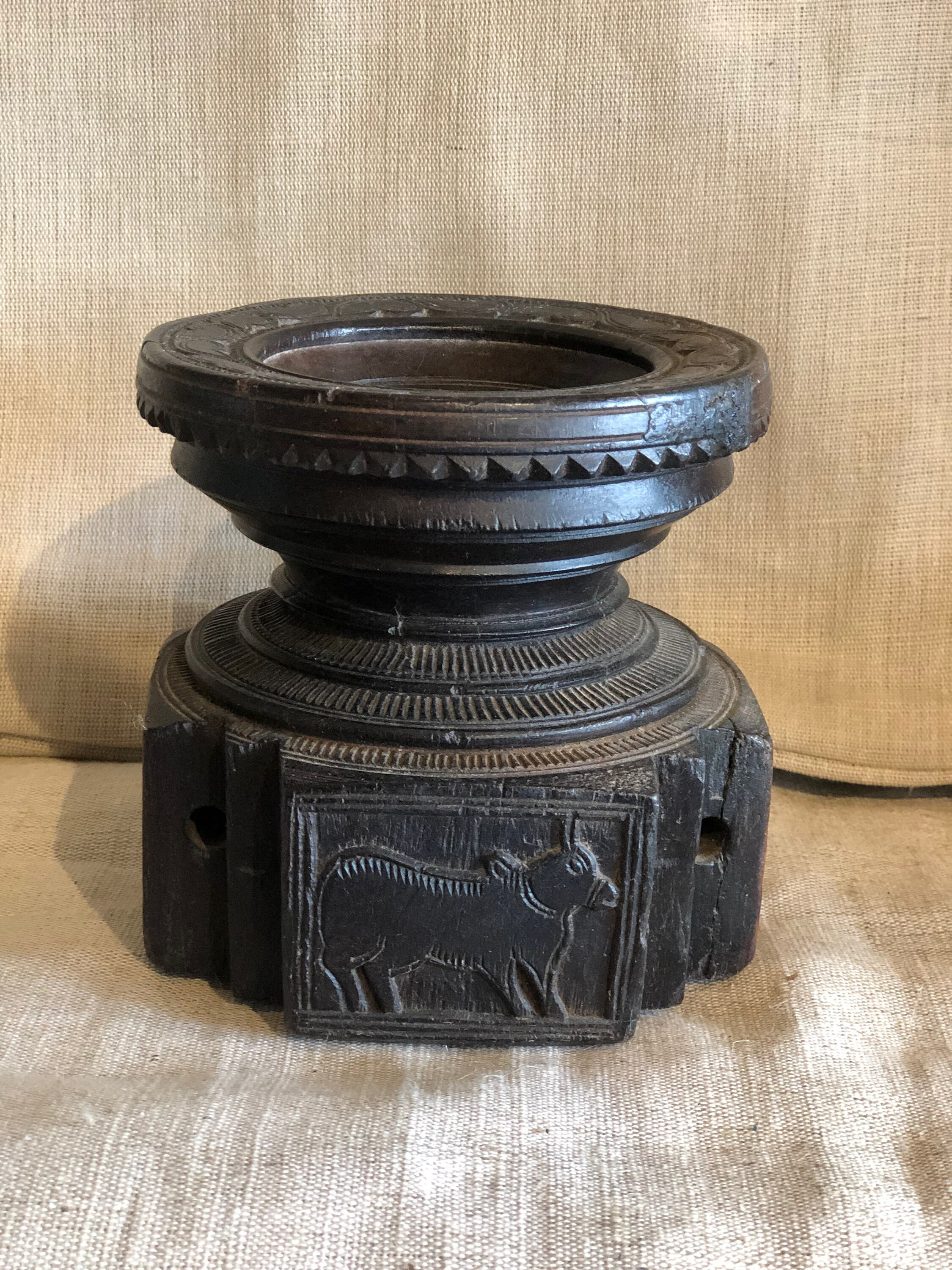 Vintage Indian hand carved wood candle holder, Candle holder