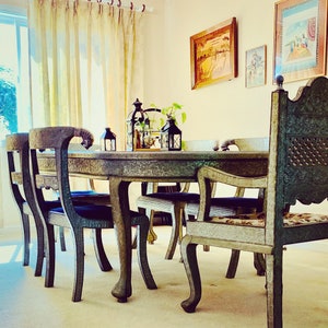 Dining set, dining room, silver wrapped wooden dining set, table, chairs, bohemian style, Indian Furniture, bedroom furniture, home
