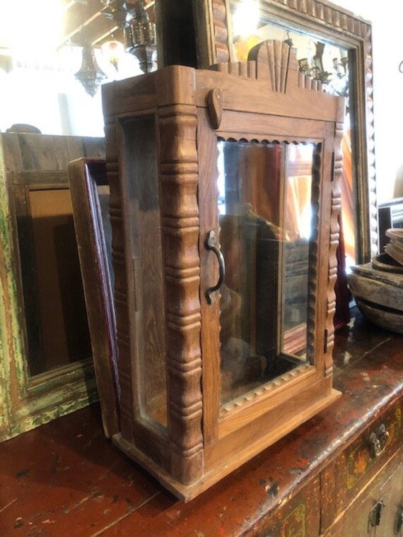 Vintage Brown Indian Glass Showcase Wood And Glass Altar Etsy