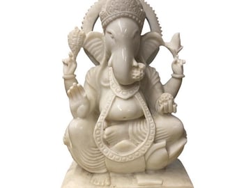 Hand Carved Marble Lord Ganesha Statue on Lotus
