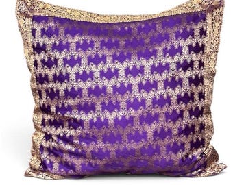 Purple Sari Fatima Pillow Cover, Indian Fabric, Gold Trim, 24 x 24 Inch