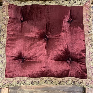 Burgundy Velvet Sari fabric floor sitting cushion, Floor cushion, Tufted floor cushion, large floor cushion image 1