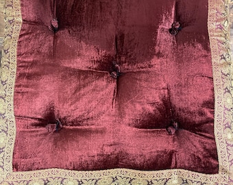 Burgundy Velvet Tufted Floor Cushion: Indian Sari Fabric