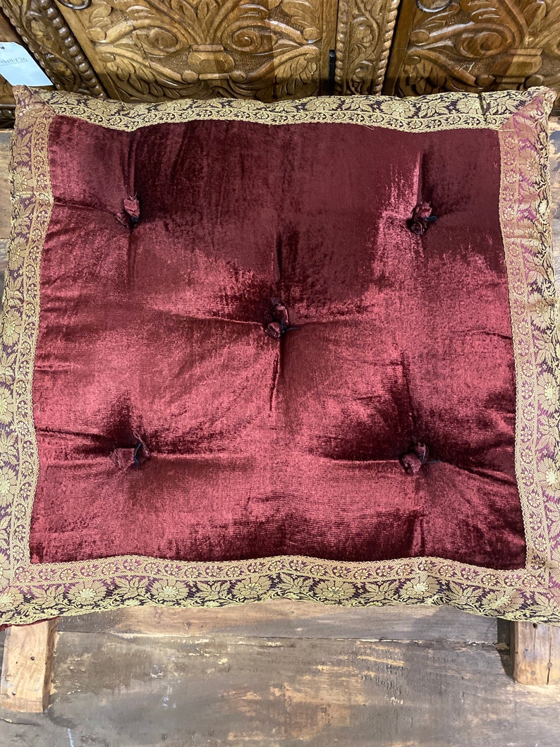 Burgundy Velvet Sari fabric floor sitting cushion, Floor cushion, Tufted floor cushion, large floor cushion image 1