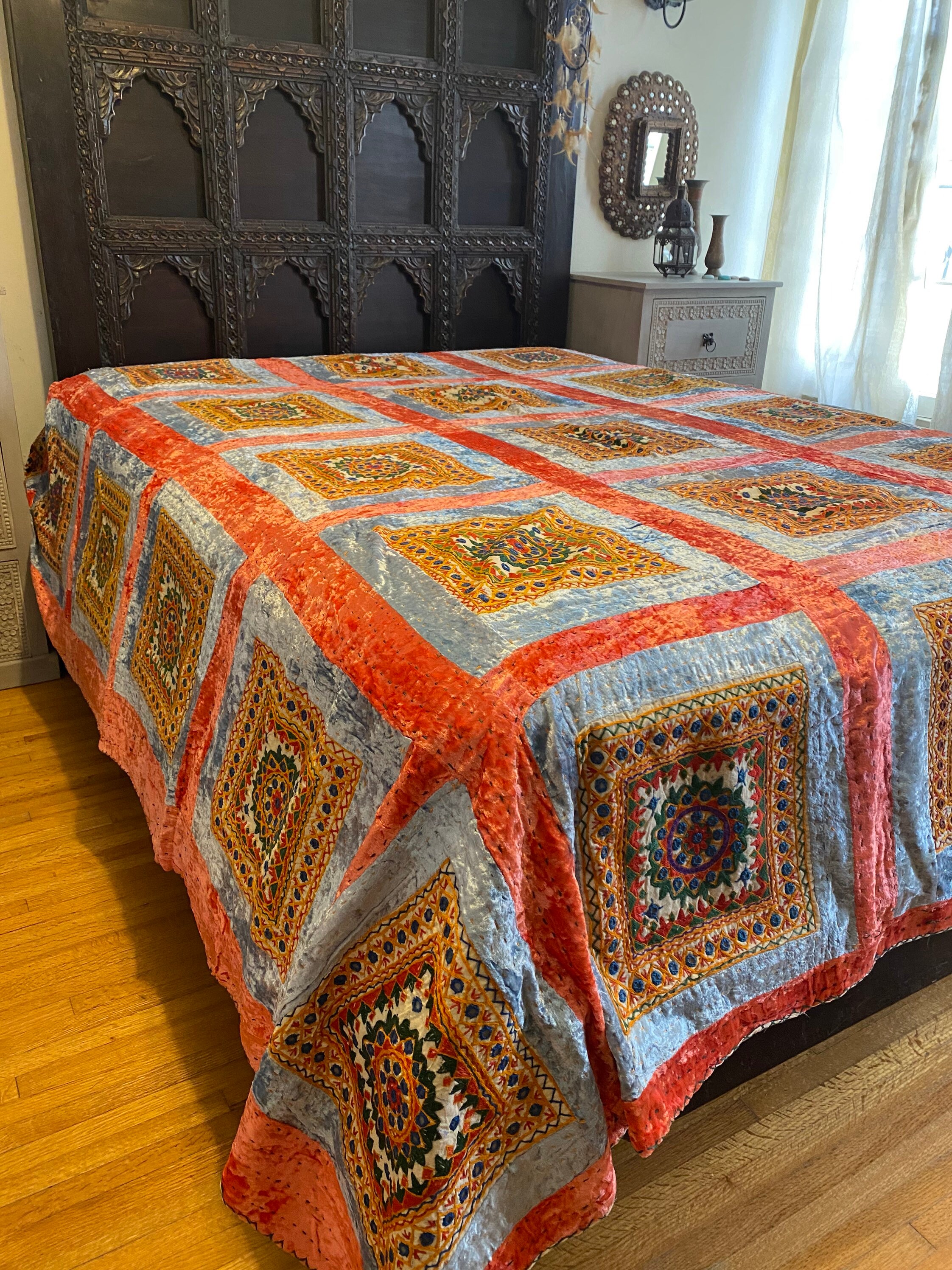 Vintage velvet and mirror work bedcover, Velvet Bedcover, Bedding