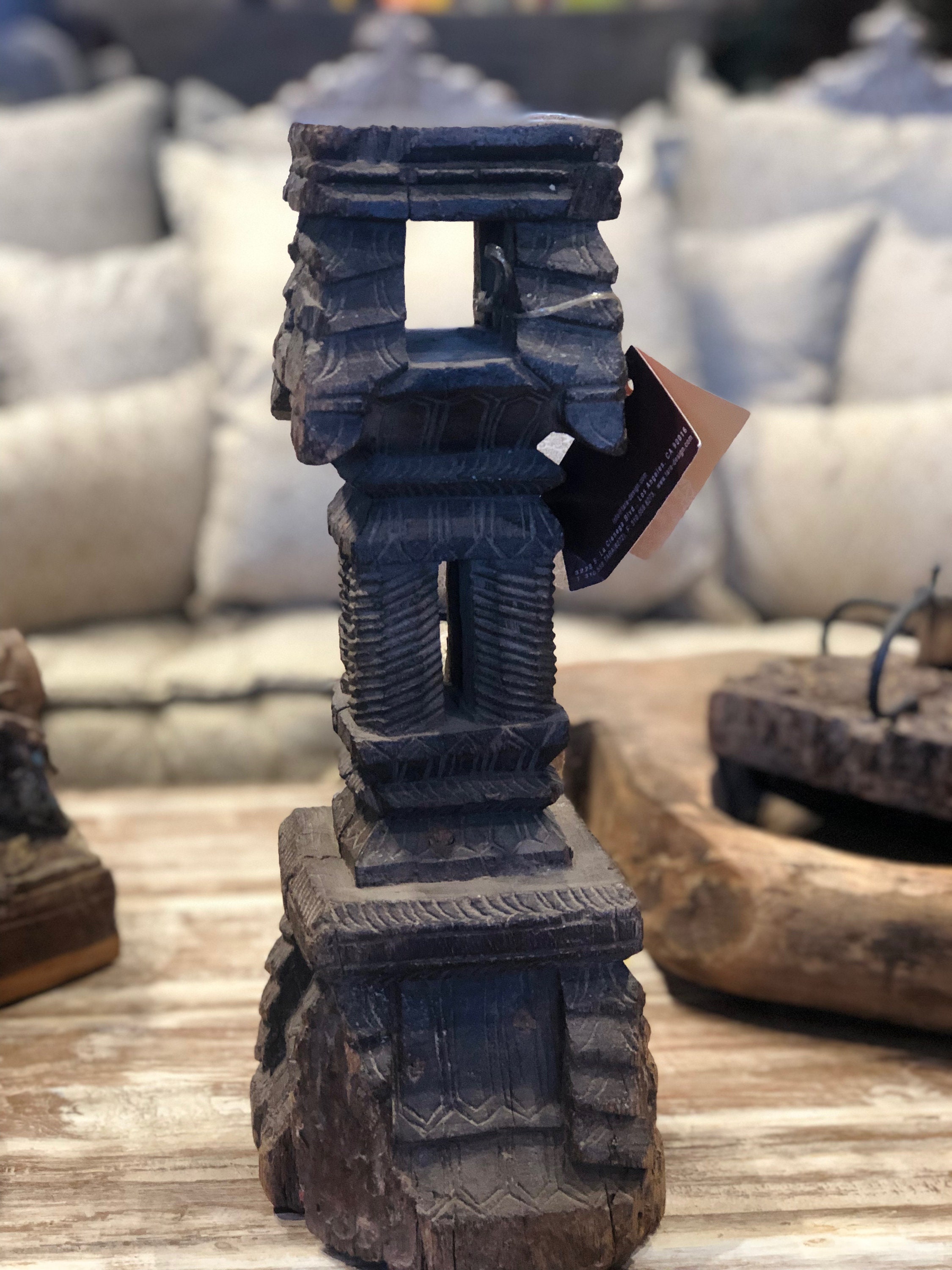 Large Vintage Indian hand carved wood candle holder, Candle holder