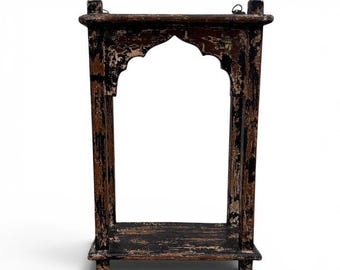 Vintage Indian Bohemian Hanging Shelf, Rustic Wood Display Storage (13"W x 6.5"D)