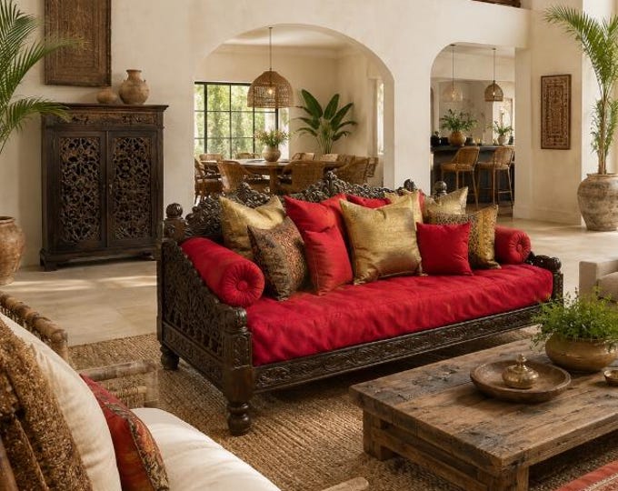 Featured listing image: Hand Carved Indian Neem Wood Daybed Sofa: Bohemian Diwan