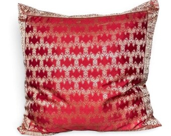 Red Sari Fatima Pillow Cover, Indian Fabric, Gold Trim, 24 x 24 Inch