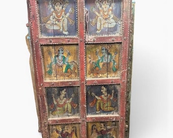 Vintage Hand-Painted Hindu God Door Panel: Indian Wall Art Decor