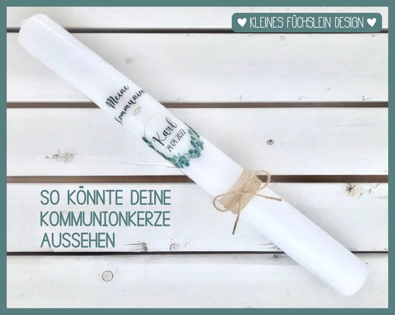 Folie für Kommunionkerze Eukalyptuskranz, Fisch, Kerzentattoo, Kerzensticker, Deko, Tattoofolie für Kerzen, A4, Kommunionkerze basteln, DIY Bild 2