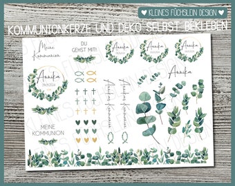 Folie für Kommunionkerze Eukalyptuskranz, Fisch, Kerzentattoo, Kerzensticker, Tattoofolie für Kerzen A4, Kommunionkerze basteln, DIY, Annika